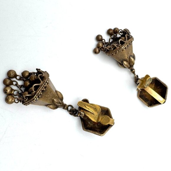 Ethnic Vintage Earrings Gold-Toned Traditional Clip-On Dangling Bells - Picture 7 of 9